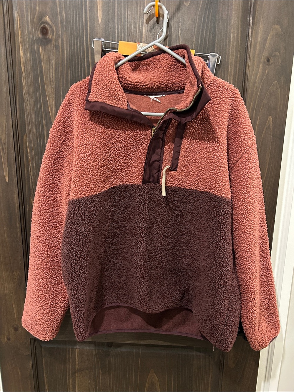 Men's Two-Tone Sherpa Pullover Fleece - Rust and Dark Brown